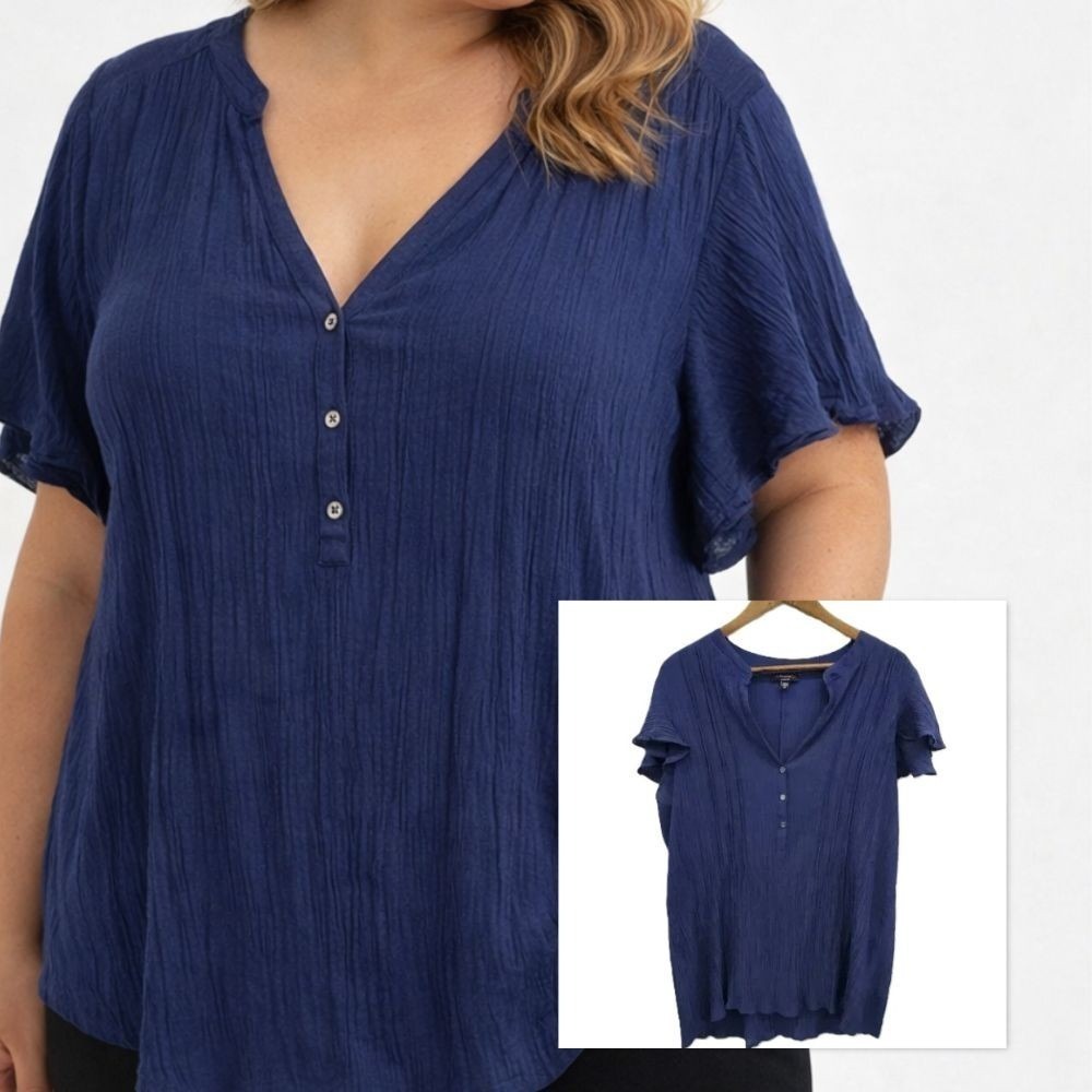 Cocomo Crinkle Blouse Flutter Sleeve V-neck Button Front Boho‎ Top Blue 3X
